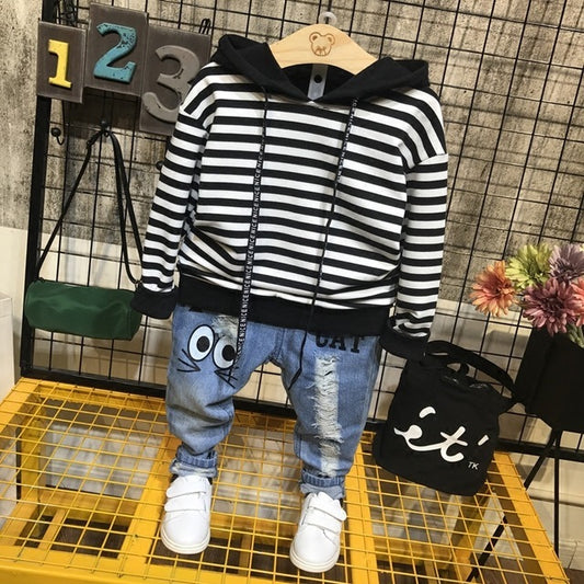 Children's Casual Hooded Sweater Striped Pants